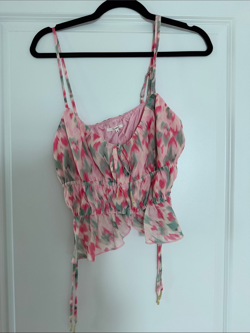 Tularosa Pink & Green Printed Ruffle Crop Camisole